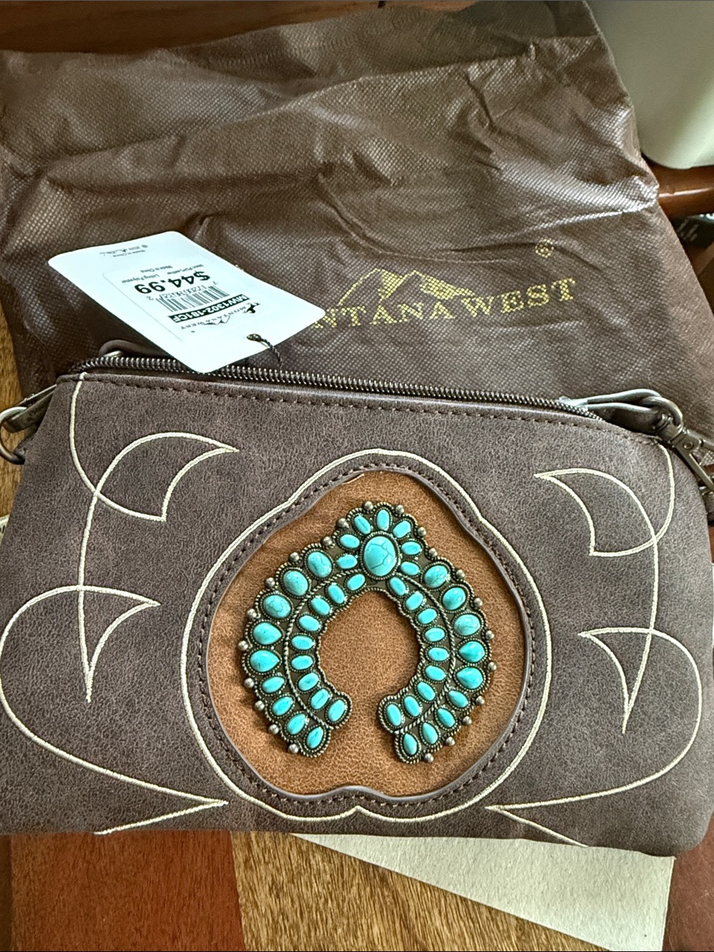 Montana West Brown Suede Wristlet with Turquoise Stone Cluster